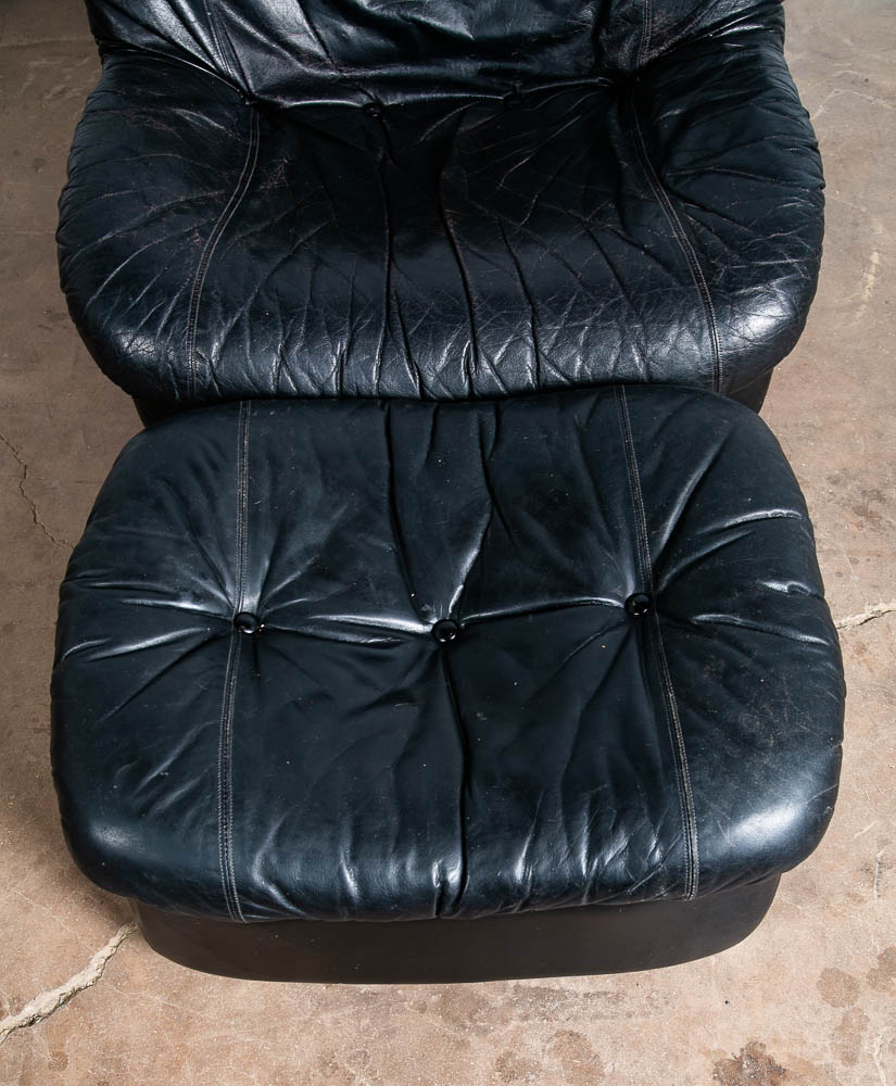 Mid Century Modern Lounge Chair Black Leather Ottoman Set 80s Vintage Retro Seat - Image 10