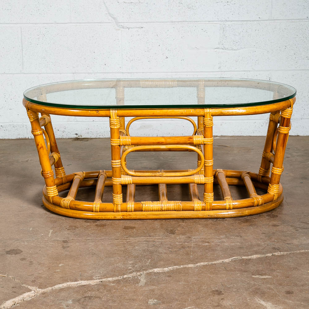 Mid Century Modern Coffee Table Round Oval Glass Rattan Basket Mcm 70s Retro Mcm - Image 2