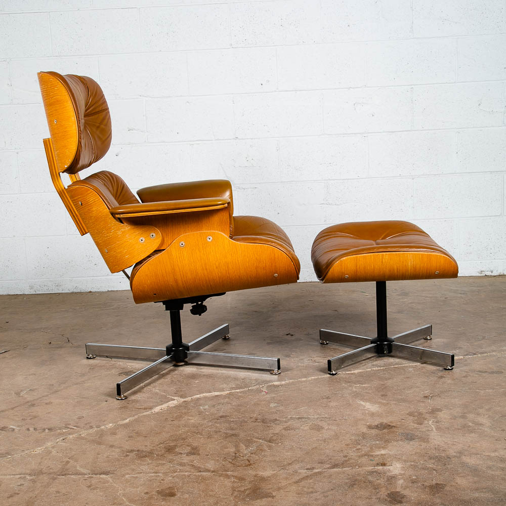 Mid Century Modern Lounge Chair Plycraft Brown Tan Leather Swivel Ottoman Wood - Image 2