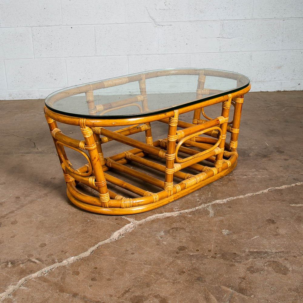 Mid Century Modern Coffee Table Round Oval Glass Rattan Basket Mcm 70s Retro Mcm - Image 6