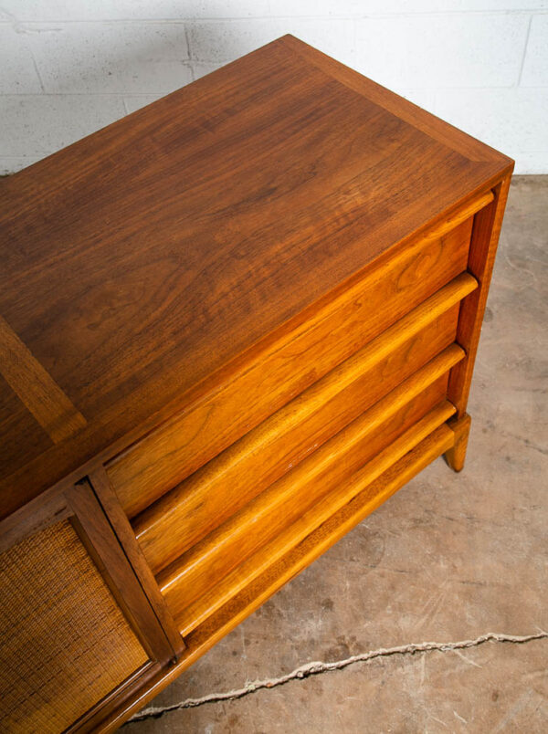 Mid Century Modern Dresser Credenza Lane Rhythm Walnut 9 Drawer Wood Danish Cane - Image 10