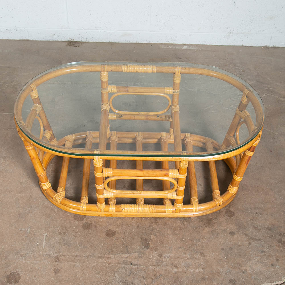 Mid Century Modern Coffee Table Round Oval Glass Rattan Basket Mcm 70s Retro Mcm - Image 7