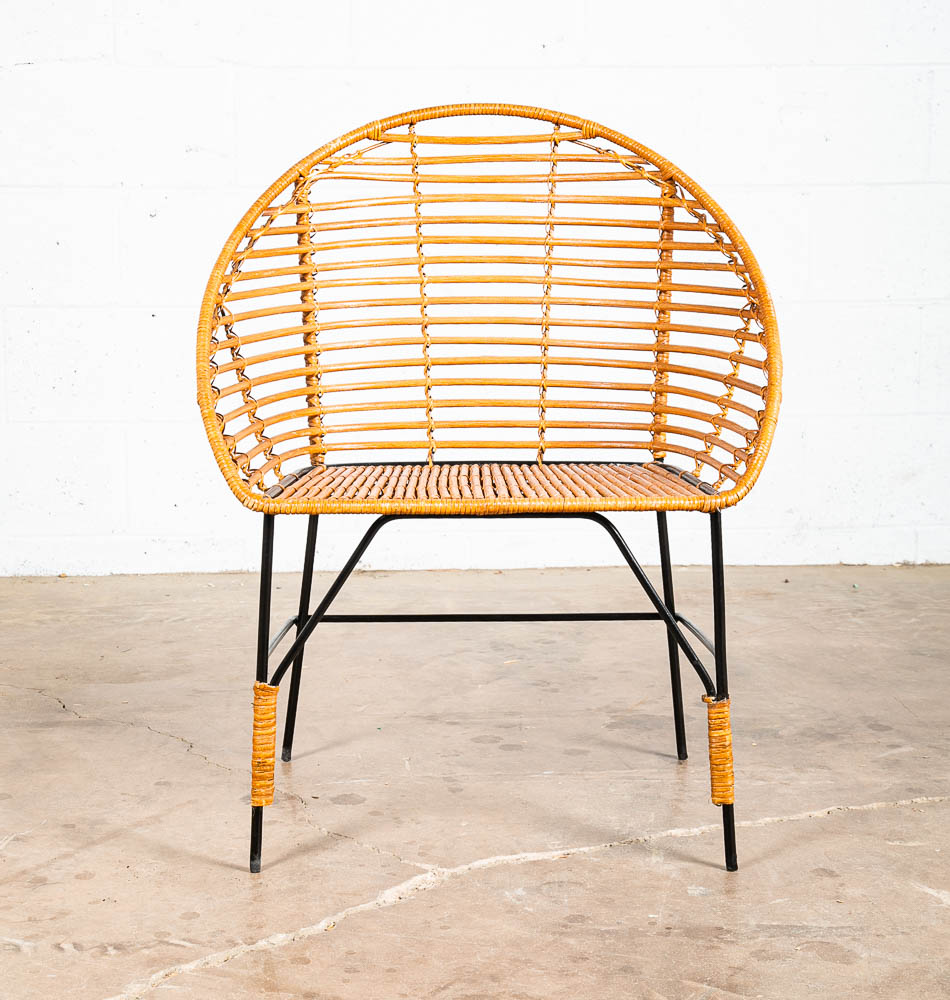 Mid Century Modern Lounge Chair Side Rush Cane Rattan Iron Wrapped 1970s Vintage - Image 2