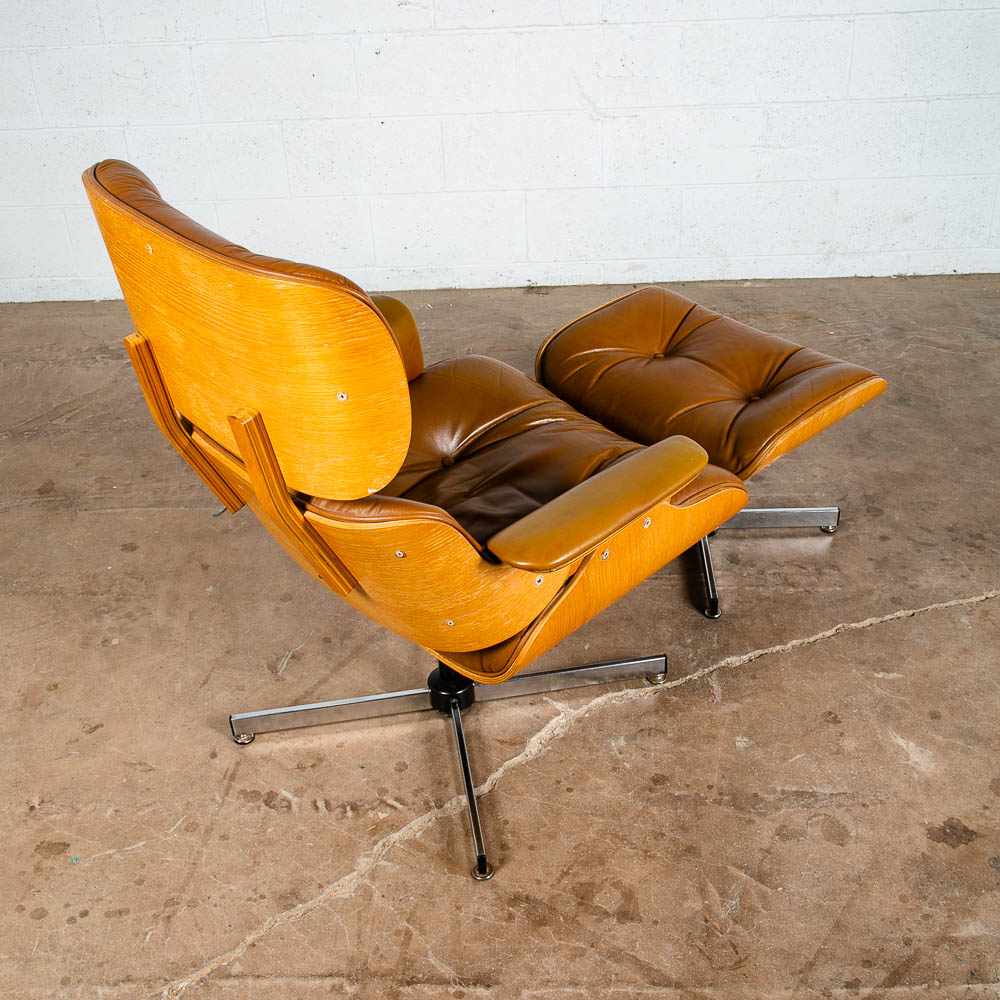 Mid Century Modern Lounge Chair Plycraft Brown Tan Leather Swivel Ottoman Wood - Image 10