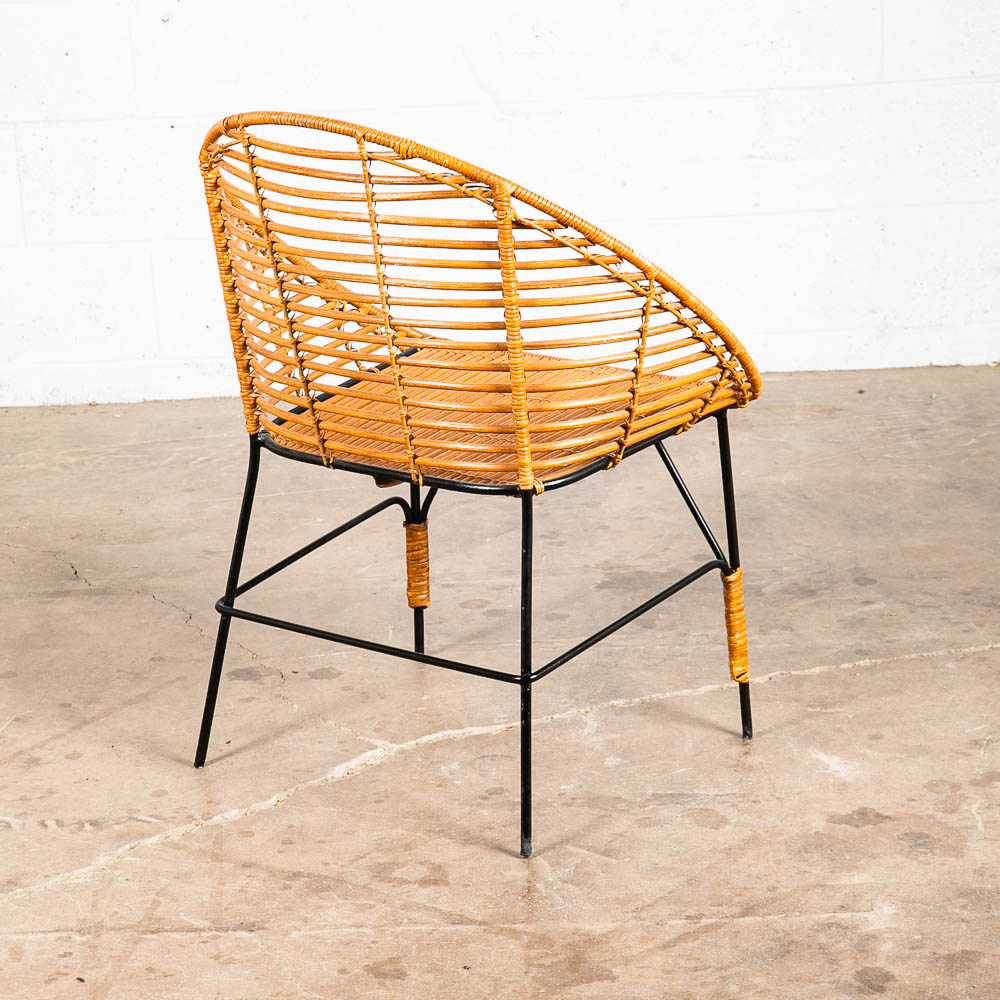 Mid Century Modern Lounge Chair Side Rush Cane Rattan Iron Wrapped 1970s Vintage - Image 4