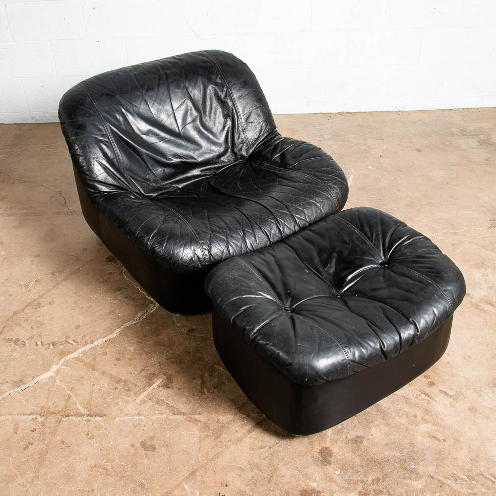 Mid Century Modern Lounge Chair Black Leather Ottoman Set 80s Vintage Retro Seat - Image 3