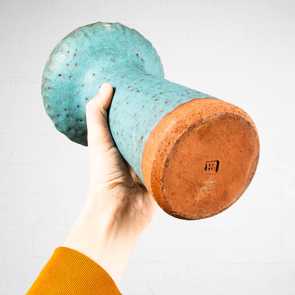 Mid Century Modern Art Pottery Vase Studio Ceramic Blue Round Japanese Ikebana - Image 3