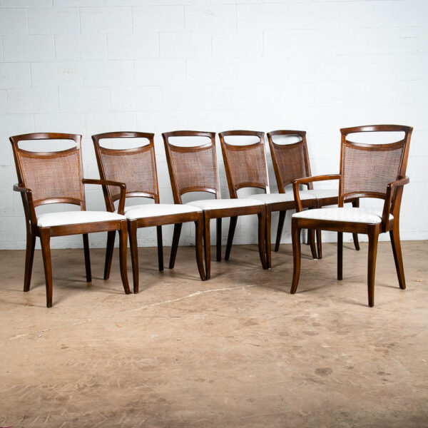 Mid Century Modern Dining Chairs Set White Captain Cane High Back Vintage Wood - Image 3
