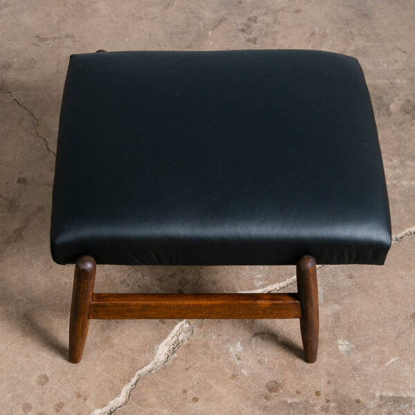 Mid Century Danish Modern Ottoman Stool Solid Wood Adjustable Black Leather Mcm - Image 8