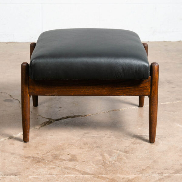 Mid Century Danish Modern Ottoman Stool Solid Wood Adjustable Black Leather Mcm - Image 6