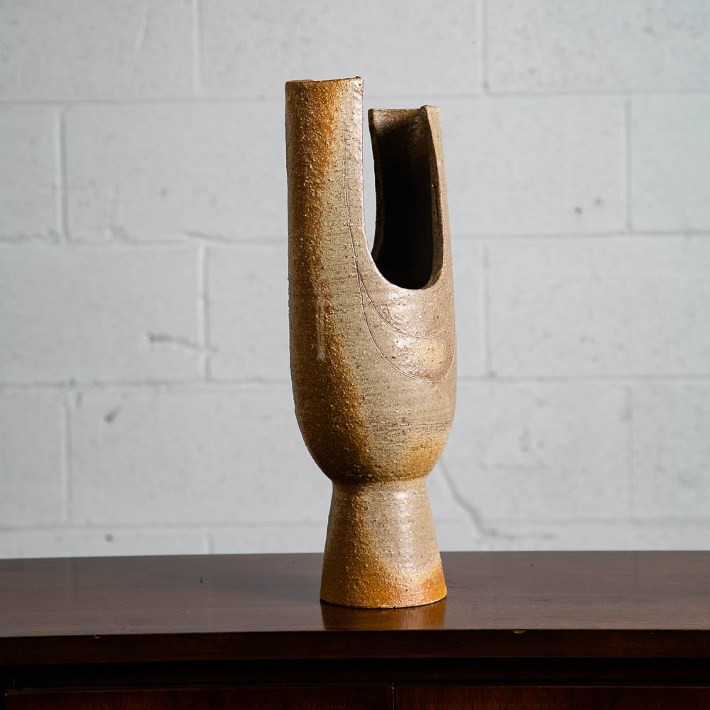 Mid Century Modern Art Pottery Vase Studio Ceramic Brown Round Japanese Ikebana - Image 5