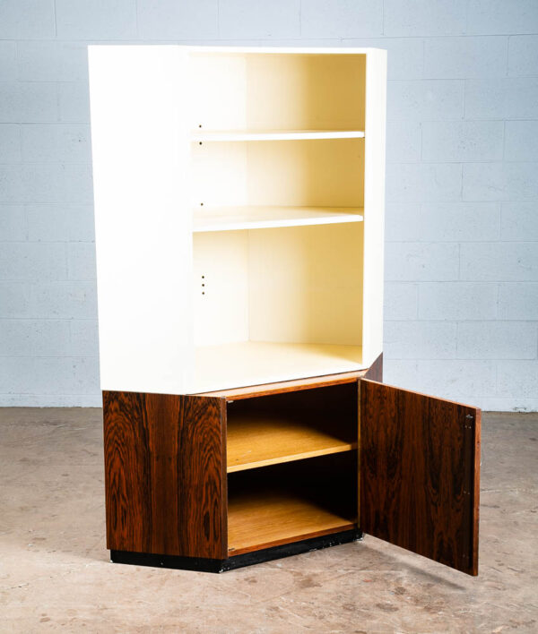 Mid Century Danish Modern Corner Cabinet Unit Brazilian Rosewood White Shelves - Image 7