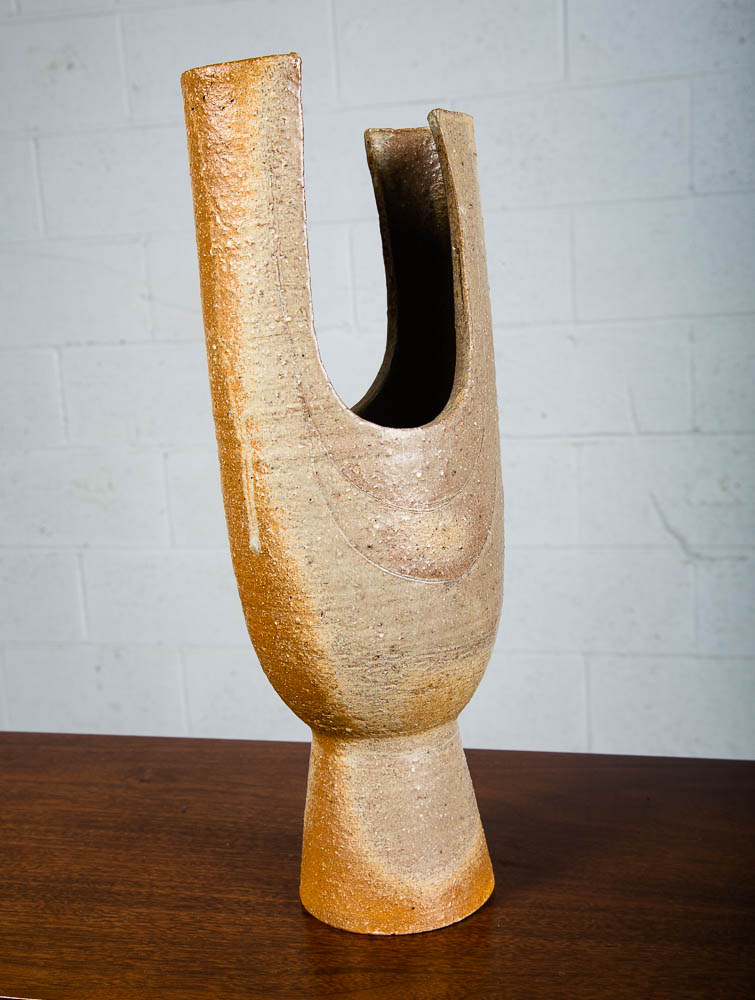 Mid Century Modern Art Pottery Vase Studio Ceramic Brown Round Japanese Ikebana - Image 8