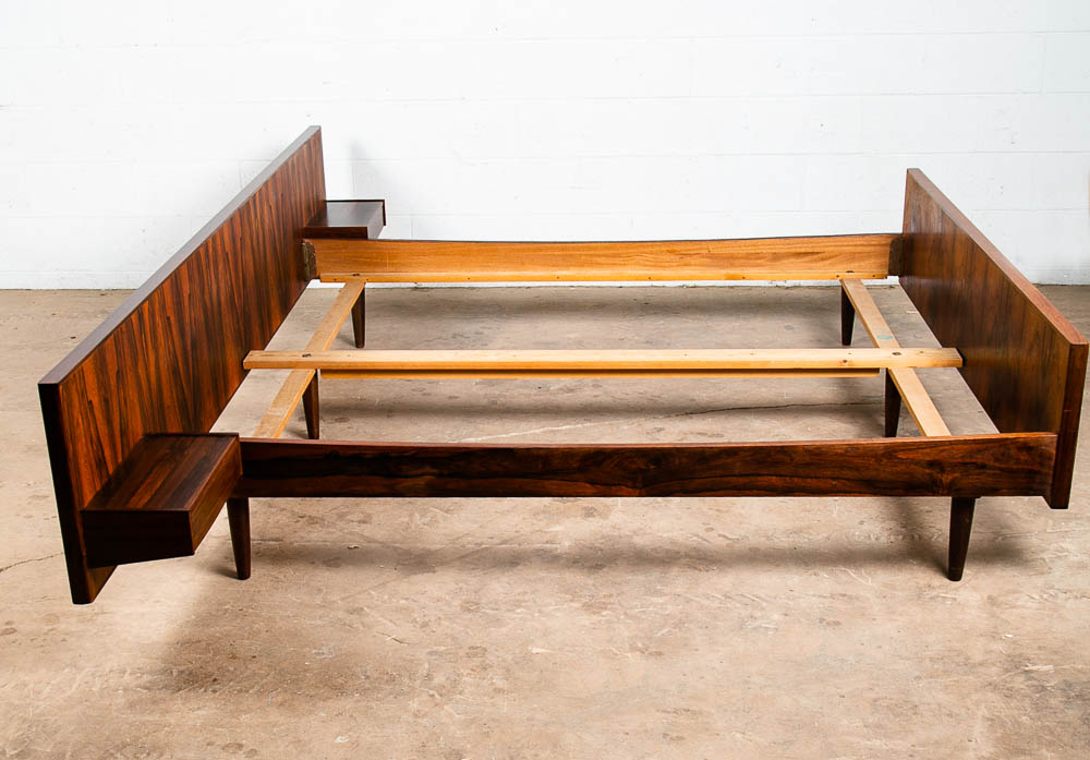 Mid Century Danish Modern Bed Frame Headboard Rosewood Floating Nightstands Wood - Image 3