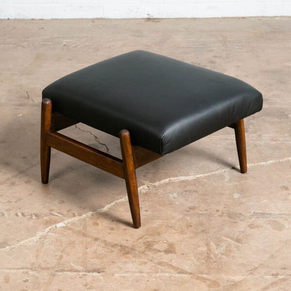 Mid Century Danish Modern Ottoman Stool Solid Wood Adjustable Black Leather Mcm