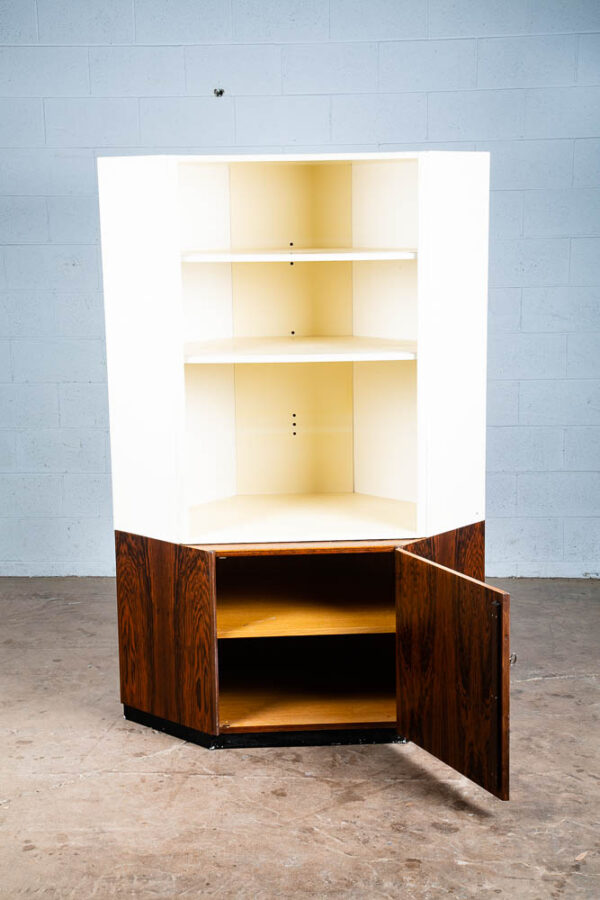 Mid Century Danish Modern Corner Cabinet Unit Brazilian Rosewood White Shelves - Image 3