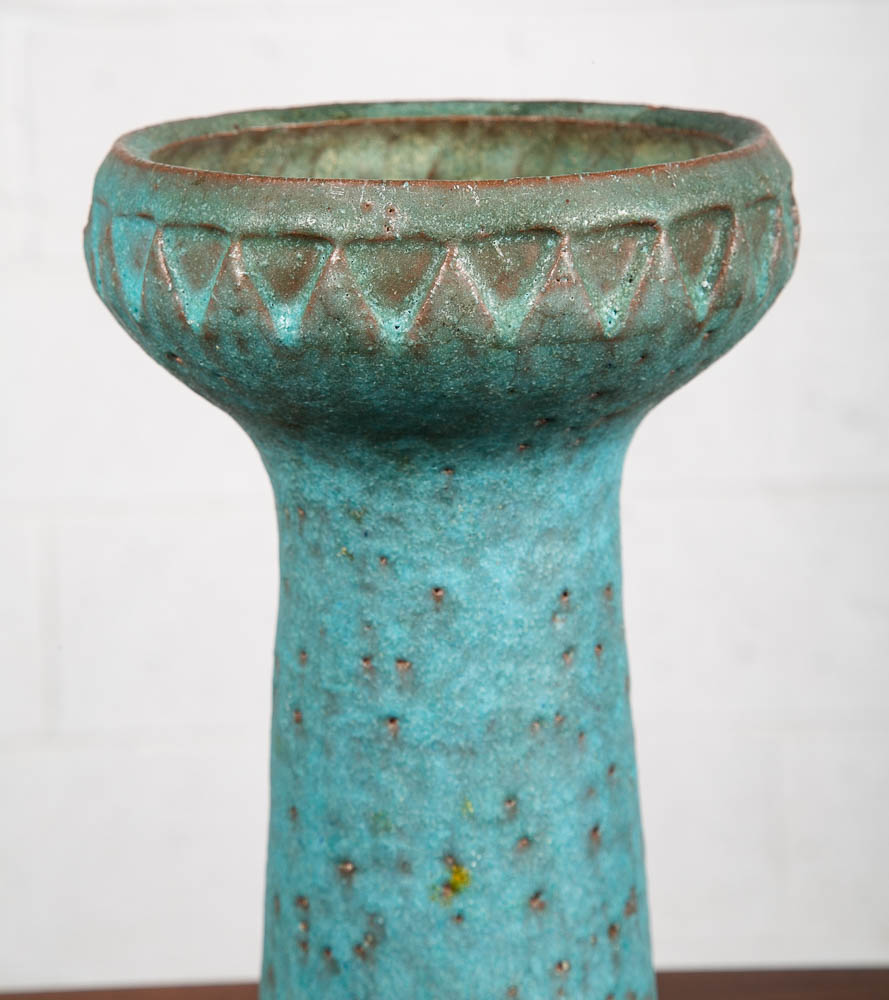 Mid Century Modern Art Pottery Vase Studio Ceramic Blue Round Japanese Ikebana - Image 6