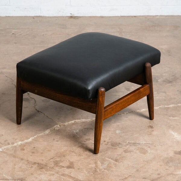 Mid Century Danish Modern Ottoman Stool Solid Wood Adjustable Black Leather Mcm - Image 7
