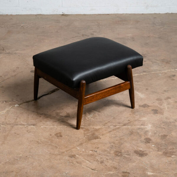 Mid Century Danish Modern Ottoman Stool Solid Wood Adjustable Black Leather Mcm - Image 3