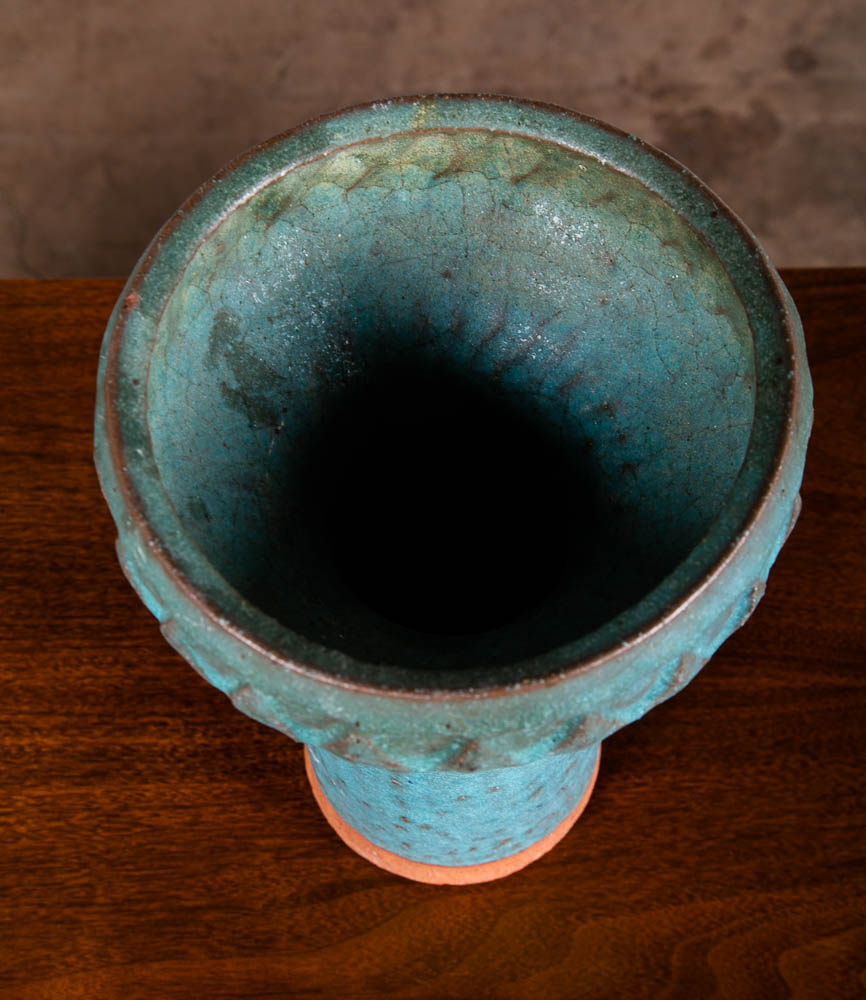 Mid Century Modern Art Pottery Vase Studio Ceramic Blue Round Japanese Ikebana - Image 5