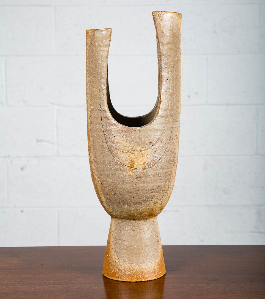 Mid Century Modern Art Pottery Vase Studio Ceramic Brown Round Japanese Ikebana - Image 7