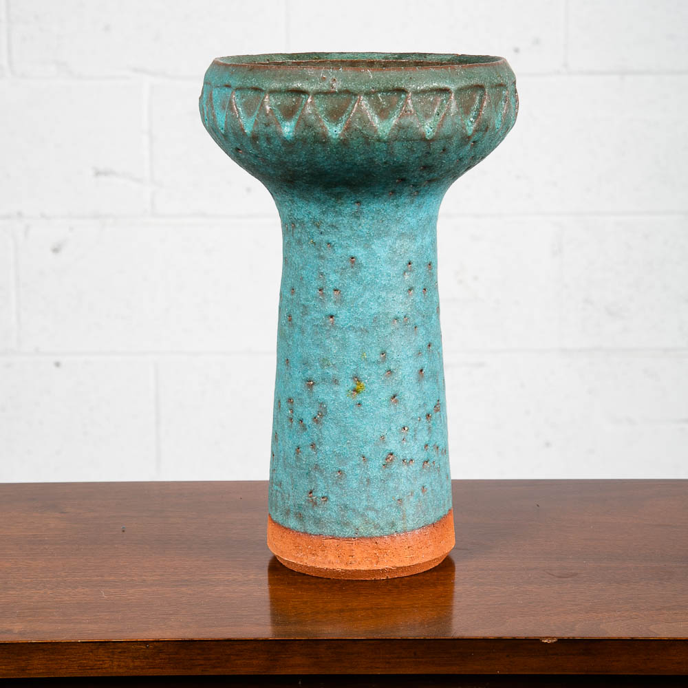 Mid Century Modern Art Pottery Vase Studio Ceramic Blue Round Japanese Ikebana