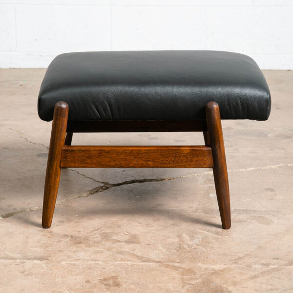 Mid Century Danish Modern Ottoman Stool Solid Wood Adjustable Black Leather Mcm - Image 4