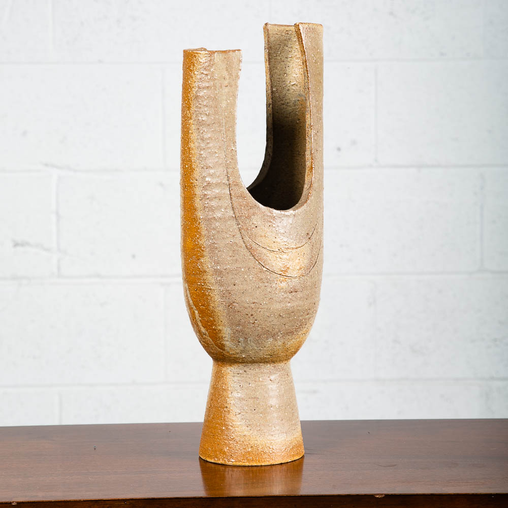 Mid Century Modern Art Pottery Vase Studio Ceramic Brown Round Japanese Ikebana