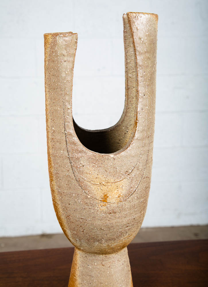 Mid Century Modern Art Pottery Vase Studio Ceramic Brown Round Japanese Ikebana - Image 2