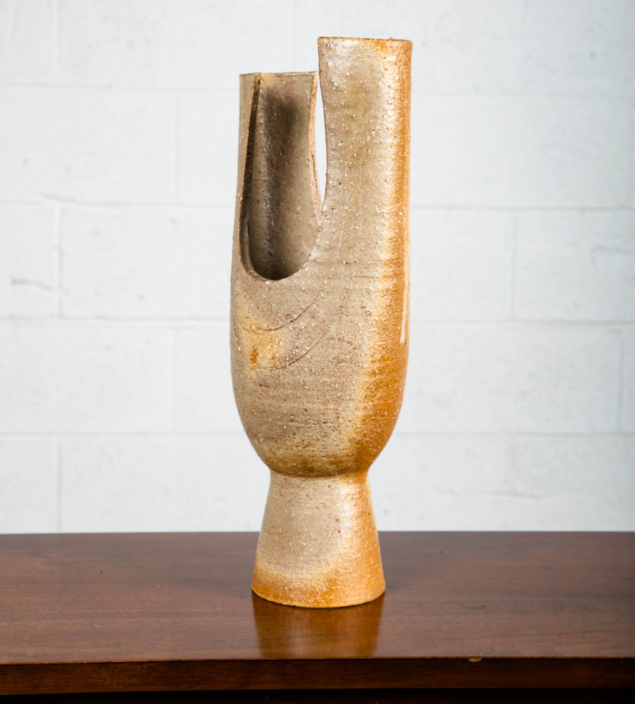 Mid Century Modern Art Pottery Vase Studio Ceramic Brown Round Japanese Ikebana - Image 10