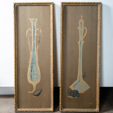 Mid Century Modern Original Art Wall Set 2 Signed Paint on Silk Jug Vase Fruit
