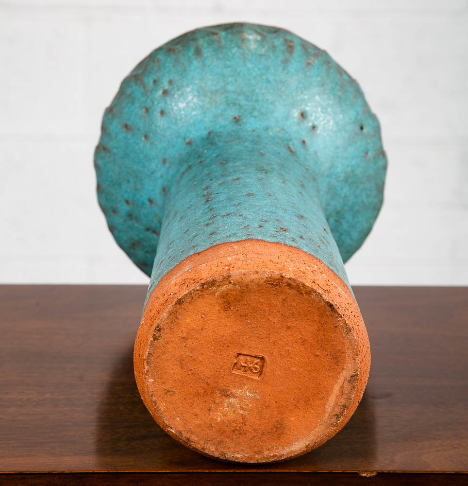 Mid Century Modern Art Pottery Vase Studio Ceramic Blue Round Japanese Ikebana - Image 4