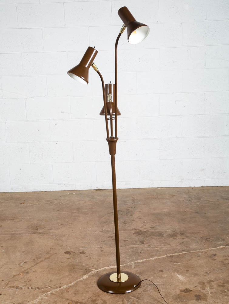 Mid Century Modern Floor Lamp Brown Bullet 3 Light Adjustable Brass Vintage Mcm - Image 2