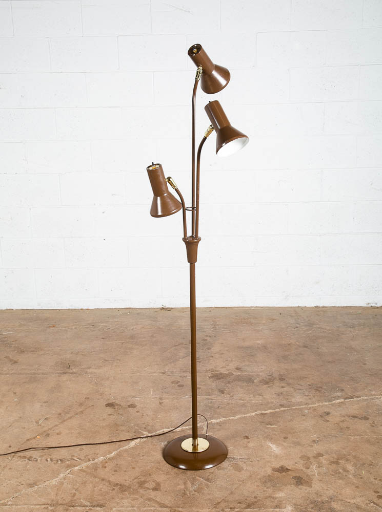 Mid Century Modern Floor Lamp Brown Bullet 3 Light Adjustable Brass Vintage Mcm