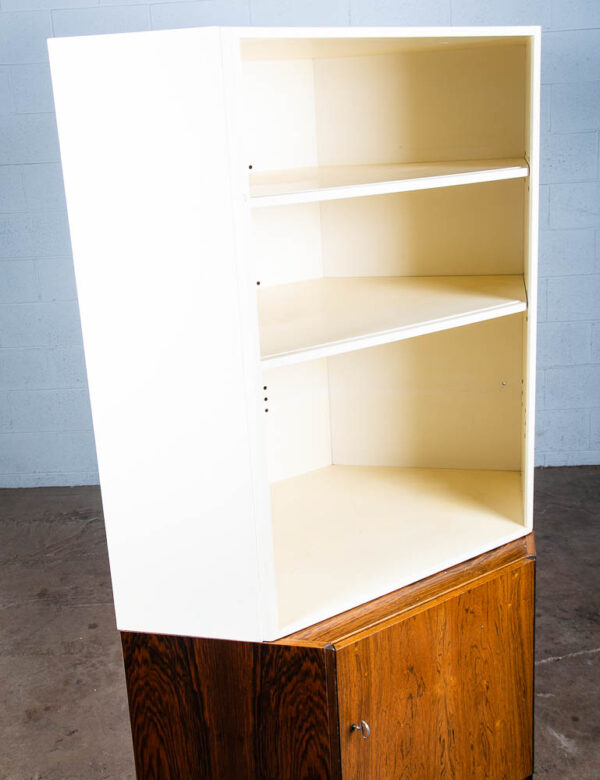 Mid Century Danish Modern Corner Cabinet Unit Brazilian Rosewood White Shelves - Image 9