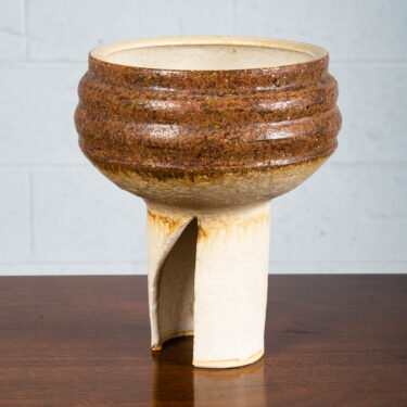 Mid Century Modern Art Pottery Vase Studio Ceramic Brown Round Tan Ikebana Low