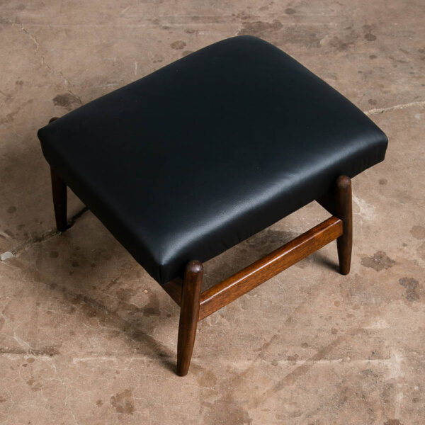 Mid Century Danish Modern Ottoman Stool Solid Wood Adjustable Black Leather Mcm - Image 5