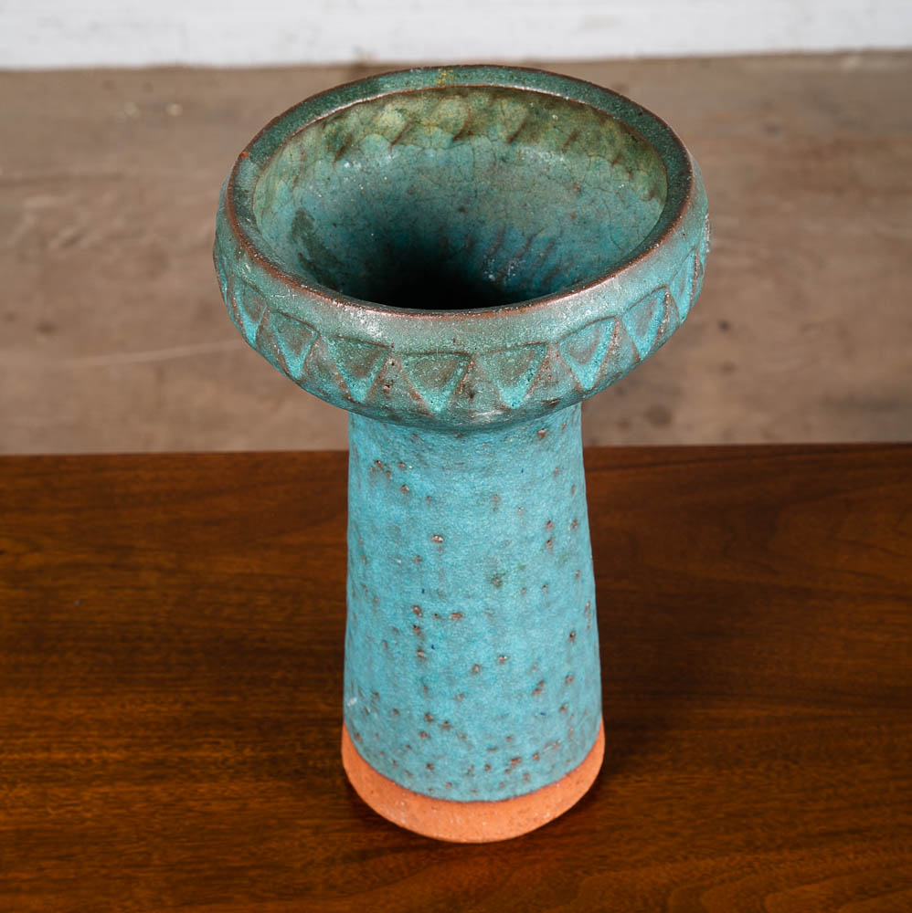 Mid Century Modern Art Pottery Vase Studio Ceramic Blue Round Japanese Ikebana - Image 2