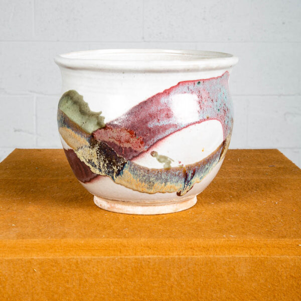 Mid Century Modern Planter Pot Ceramic Studio Round green purple White 70s Mcm - Image 2