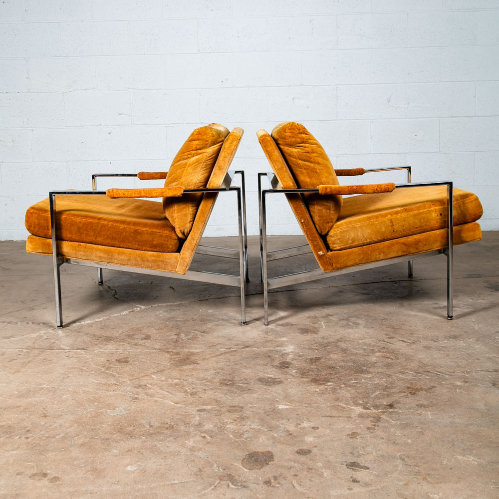 Mid Century Modern Lounge Chair Set Milo Baughman Thayer Coggin Orange Chrome - Image 2