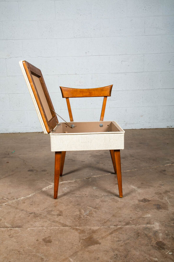 Mid Century Modern Sewing Chair Side Storage Wood White Brown Vintage Craft Seat - Image 5