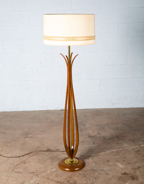 Mid Century Modern Floor Lamp Solid Sculpted Walnut Brass Round Lighting Wood VG - Image 2