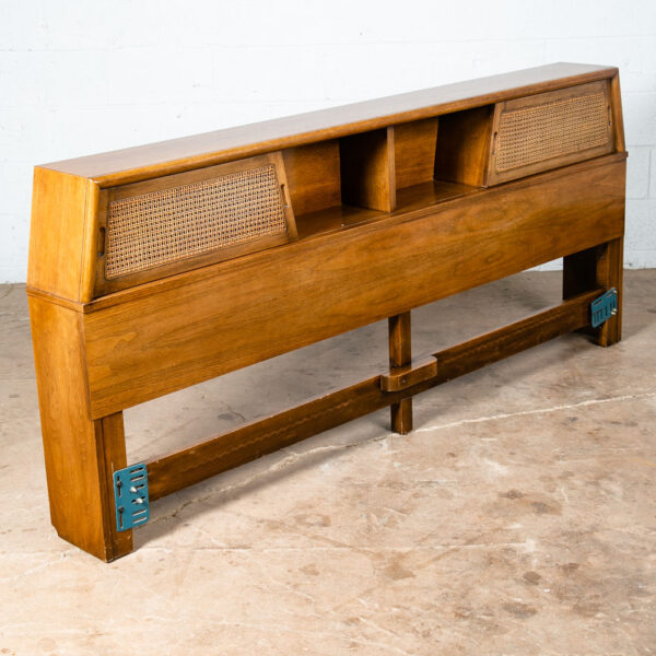 Mid Century Modern Headboard Bed Frame King Size Walnut Sliding Doors Cane Mcm - Image 9