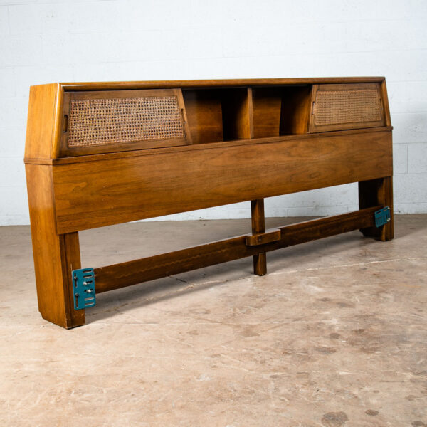 Mid Century Modern Headboard Bed Frame King Size Walnut Sliding Doors Cane Mcm - Image 2