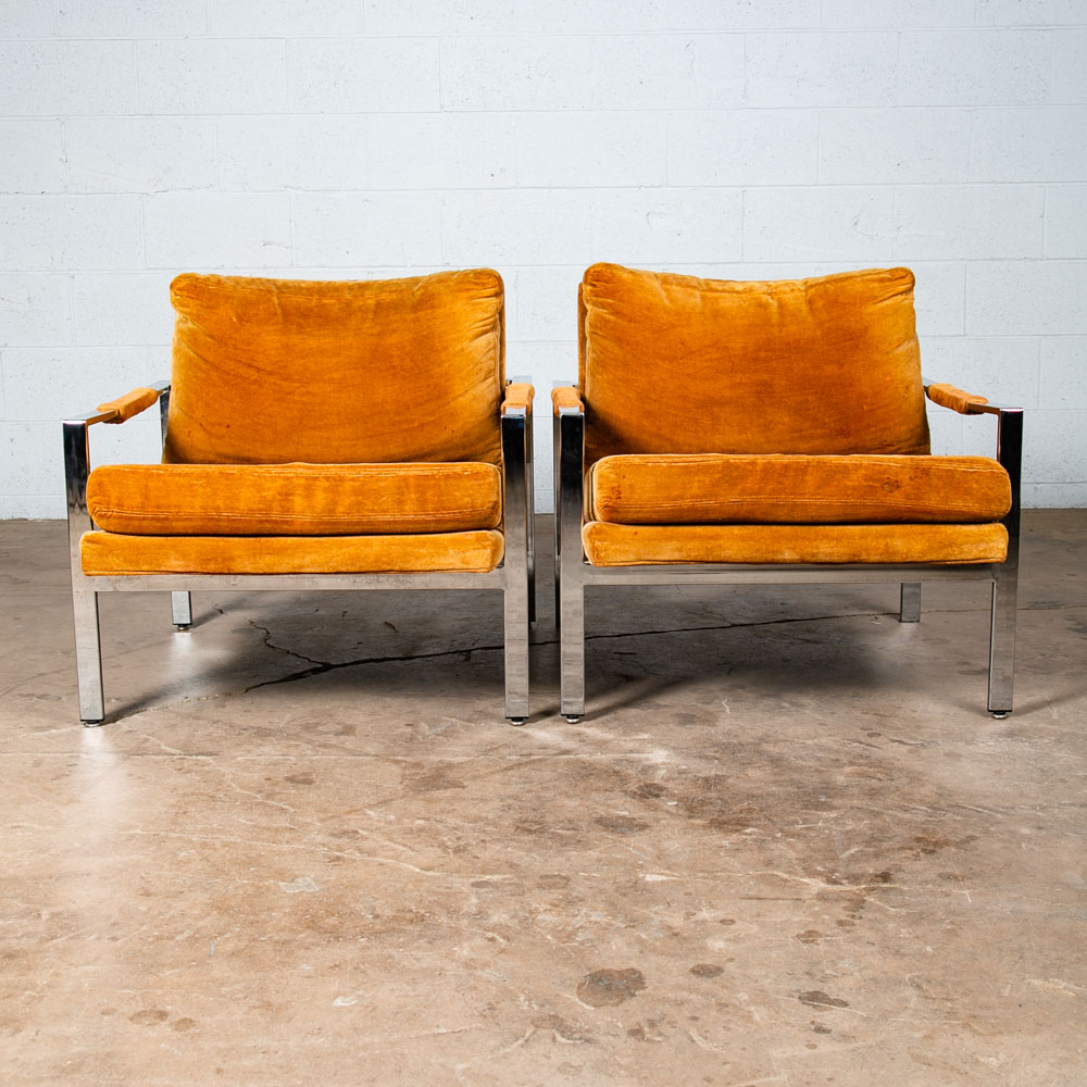 Mid Century Modern Lounge Chair Set Milo Baughman Thayer Coggin Orange Chrome - Image 6