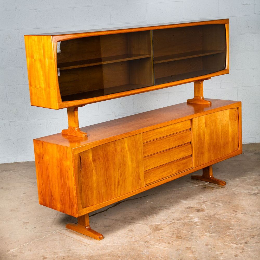Mid Century Danish Modern Credenza 2 Tier Glass Teak Sideboard Display Drawers