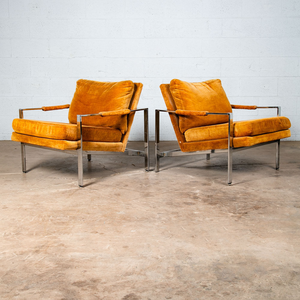 Mid Century Modern Lounge Chair Set Milo Baughman Thayer Coggin Orange Chrome