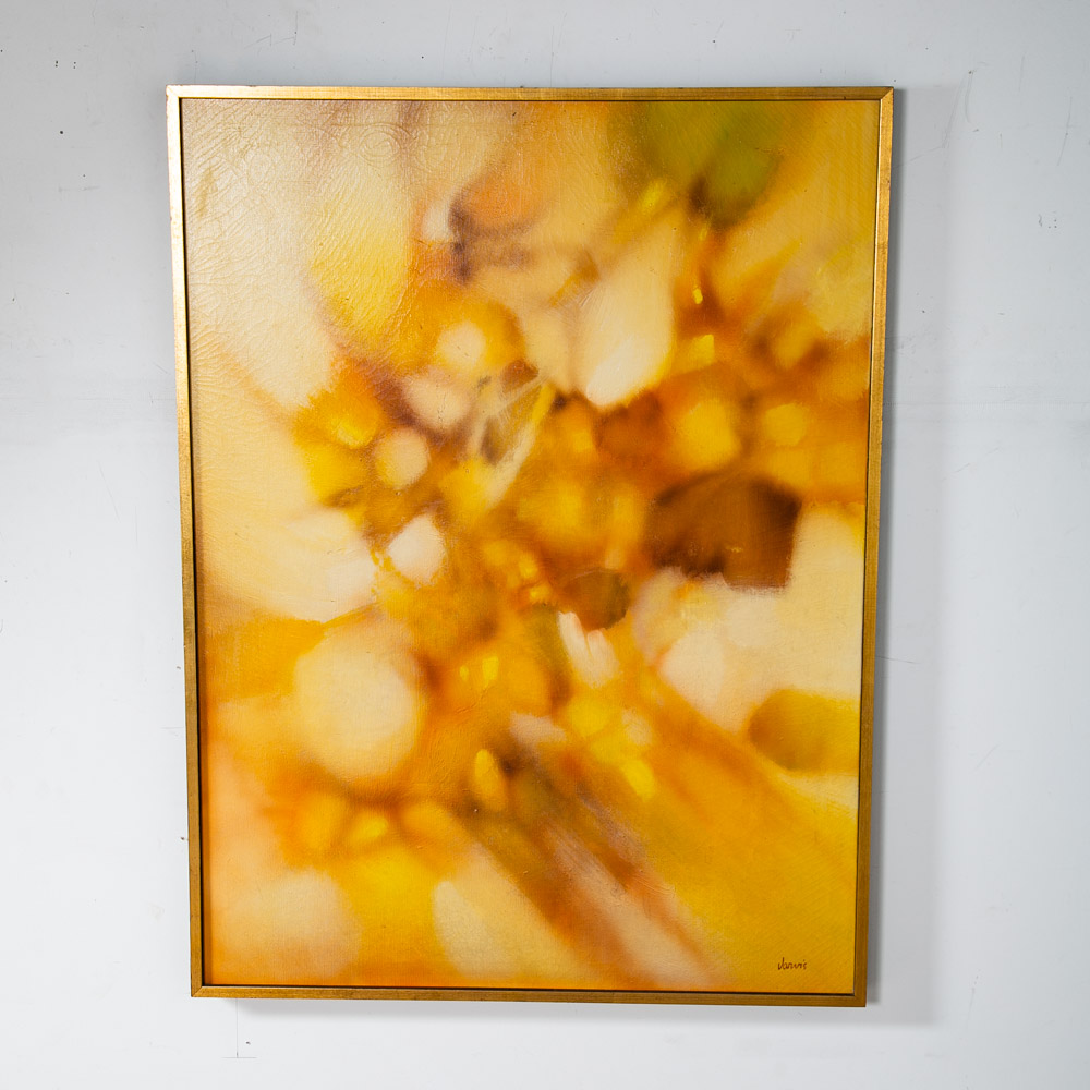 Mid Century Modern Painting Art Abstract Expressionism Yellow Orange Oil Signed