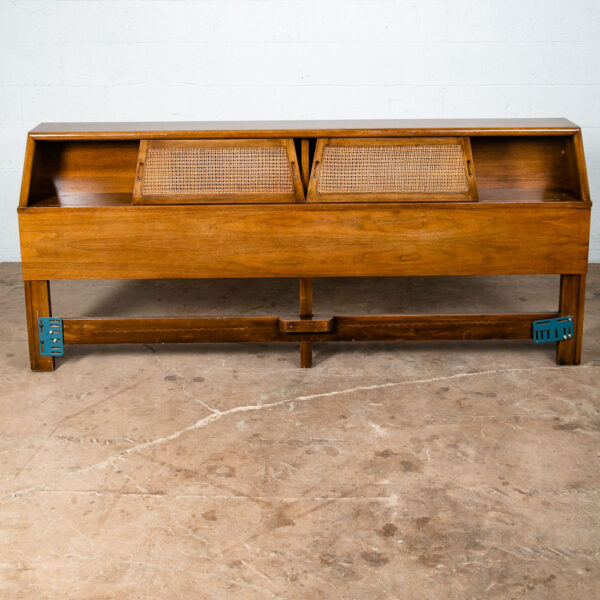 Mid Century Modern Headboard Bed Frame King Size Walnut Sliding Doors Cane Mcm - Image 4