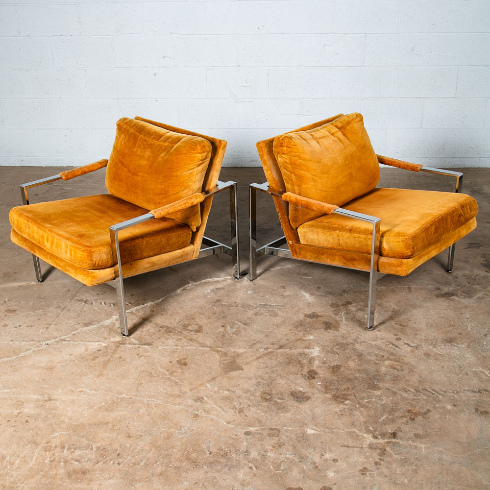 Mid Century Modern Lounge Chair Set Milo Baughman Thayer Coggin Orange Chrome - Image 9